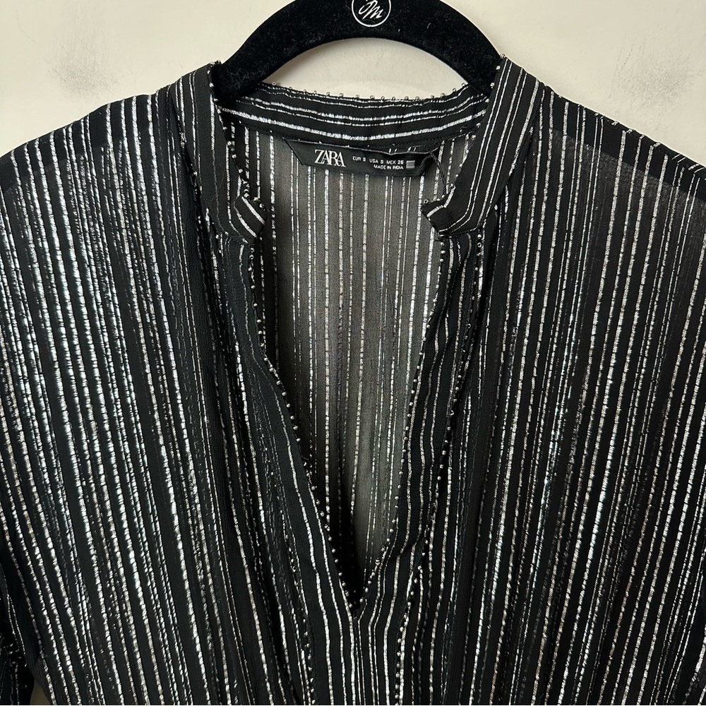 Zara Metallic Stripe Dress Black Silver Notch Collar Beaded Trim - Picture 7 of 11